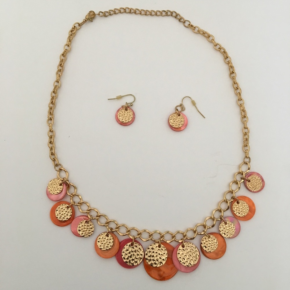 Coral and Gold Tone Necklace and Earrings Set